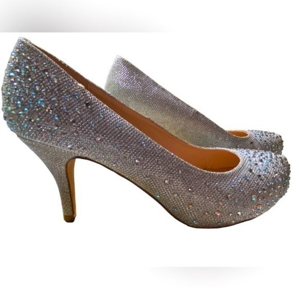De Blossom Collection Rhinestone Bling Heel Women's Size 10 Glam Party Silver